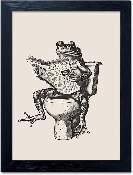 Bathroom Decor Wall Art, Funny Animal Bathroom Wall Art, Frog on Toilet Reading Newspaper Canvas Painting, Frog Art Print Pictures for Wall Decoration