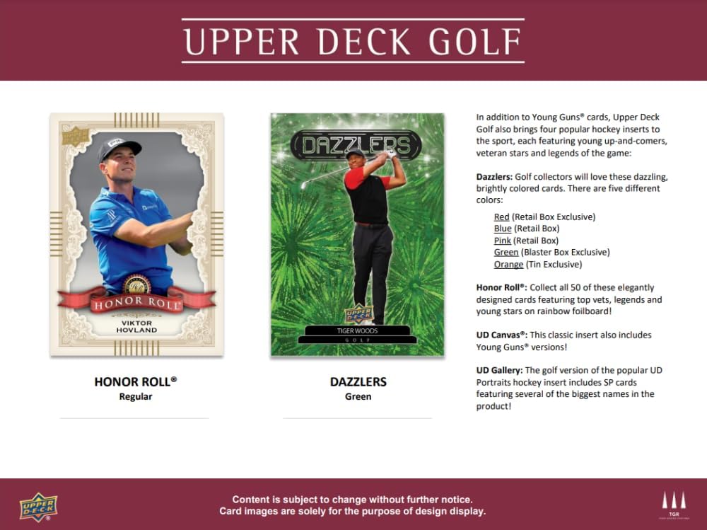 2024 Upper Deck Golf PGA Factory Sealed Tin Box. 9 Packs of 8 Cards. Collect 2 Young Guns Cards per Tin. Collect 1 Exclusive Orange Dazzler Per Box. See Scans for More Details on Possible Hits.