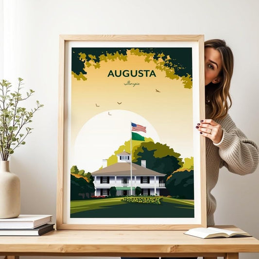 Augusta Golf Print - US Masters Clubhouse, Augusta National Golf Club Poster, Masters Golf Tournament Art, Augusta Georgia Golf Print, Vintage Golf Course Illustration (Unframed) (16x24)