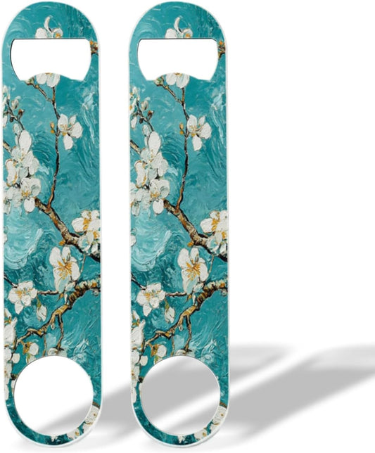 2 PACK Beer Bottle Opener, Stainless Steel Flat Bottle Openers,7 inch Metal Decor,Teal Green Almond Flowers