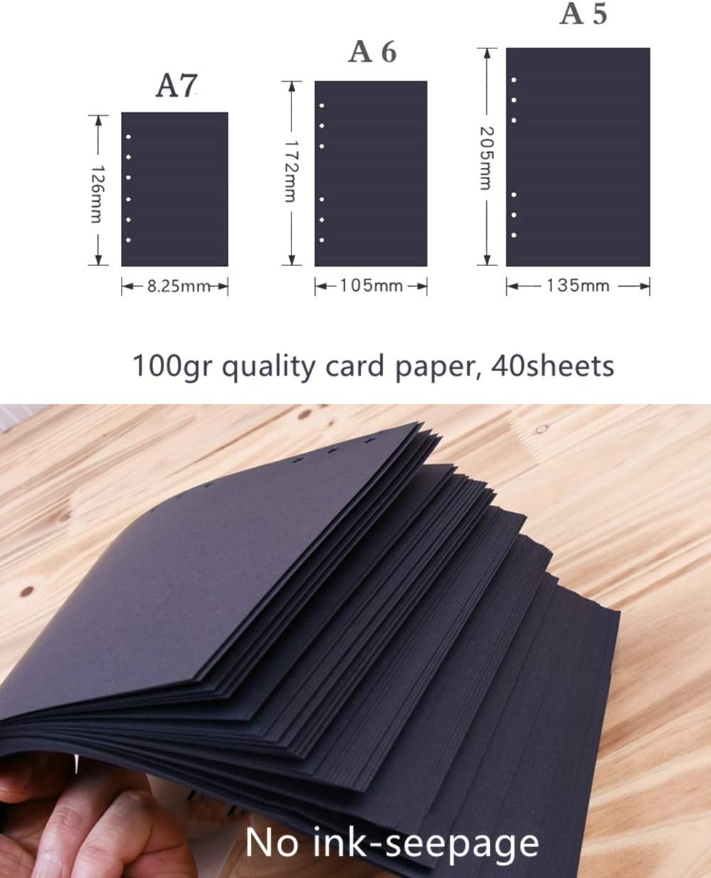 Harphia A7 Planner Refill Pocket Planner Refills 6 Ring Binder Refill Blank Paper, A7 Agenda Refill 40 Sheets 100gsm Black Plain Paper-A7 3.23'' x 4.92'',