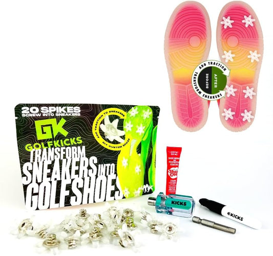 Golfkicks DIY Golf Cleats Kit Transform Sneakers into Golf Shoes Fun Gift Compatible with Flat Rubber Sole Shoes Includes 20 Golf Spikes and Mounting Tools