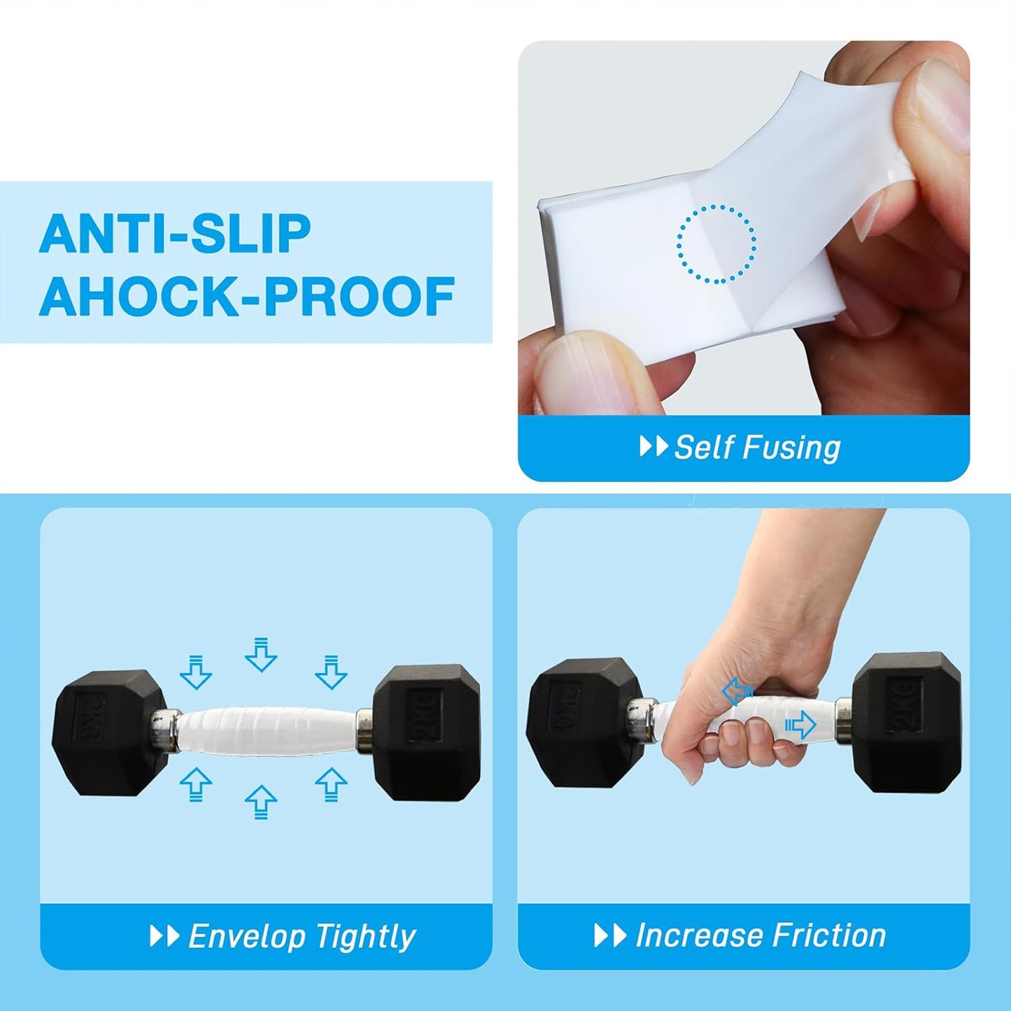 2 Rolls 1IN X 10FT Grip Tape, Self Fusing Silicone Grip Wrap for Handles, No Adhesive, White