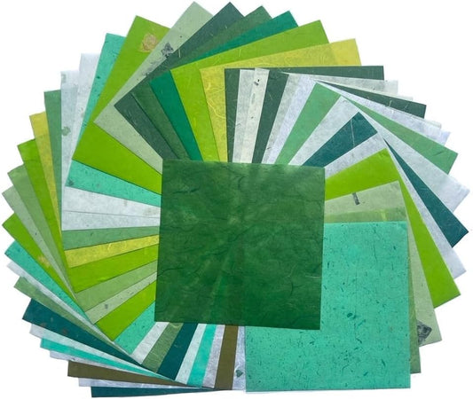 8 x 8 Inches Natural Fiber Leaves Banana Bark Mulberry Paper Sheets 50 Sheets Square Origami Paper Arts Folding Craft, Square Folding Paper for DIY Crafts (Mixed Green Leaves, etc.,, 8"x8")