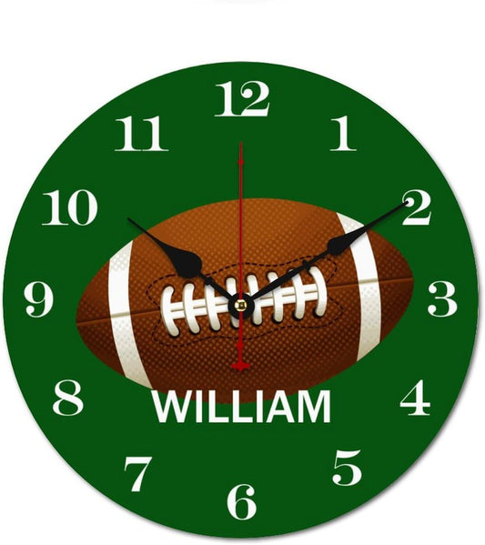 10 inch Personalized Name Football Wall Clocks Battery Operated for Kids Bedrooms Nursery School Playroom Decor,Custom Kids Name Wall Clock,Rugby Wood Round Clock Silent