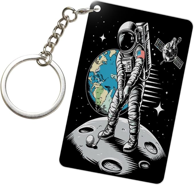 Astronaut Playing Golf Keychains Rectangular Acrylic Keychain Daily Key Ring by WINCCOR