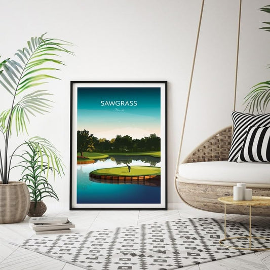 Golf Print - TPC Sawgrass Florida - Island Green 17th Hole, Florida Golf Course Art, Golf Wall Decor, Island Green Illustration, Golf Gift for Him, Scenic Golf Landscape (Unframed) (11x14)