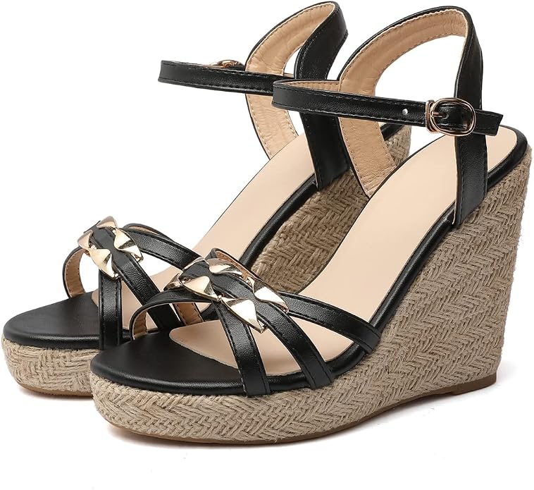 VOKLIN Women's Casual Espadrilles Wedge Sandals Open Toe Ankle Strap Metallic - Image 2