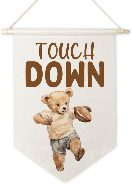 ArtisaEura Bear Nursery Football Wall Canvas Banners, Bear Nursery Decor, Touch Down Football Hanging Display Pennant Banner Flags, Cute Animals Wall Decor for Kids Room Bedroom Playroom