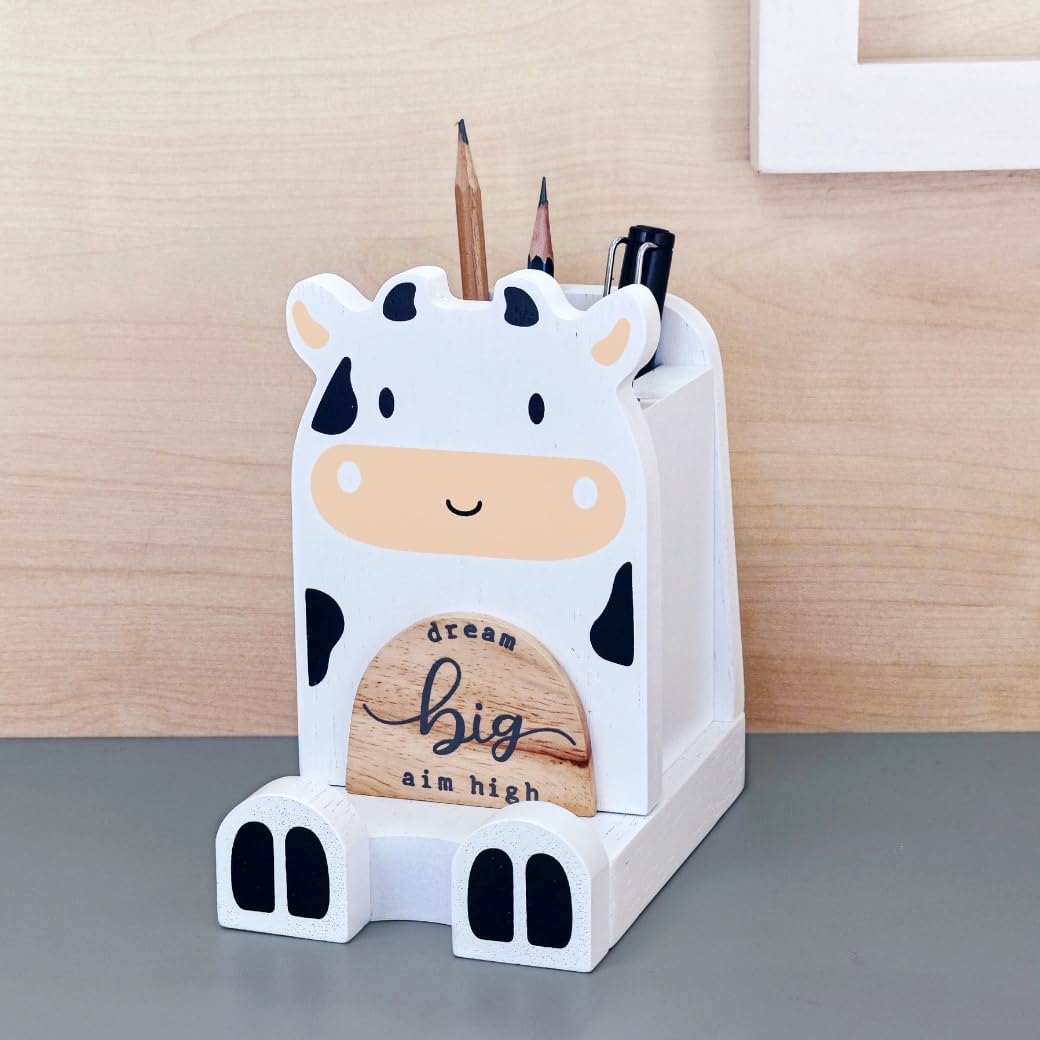 I'm Solid Wood Multipurpose Eyeglass Phone Pen & Pencil Holder Stand Stationery Desk Box Organizer Accessories Decor, Cute Farm Animal for Home Office Desktop Decor Birthday Graduation Gifts (Cow)