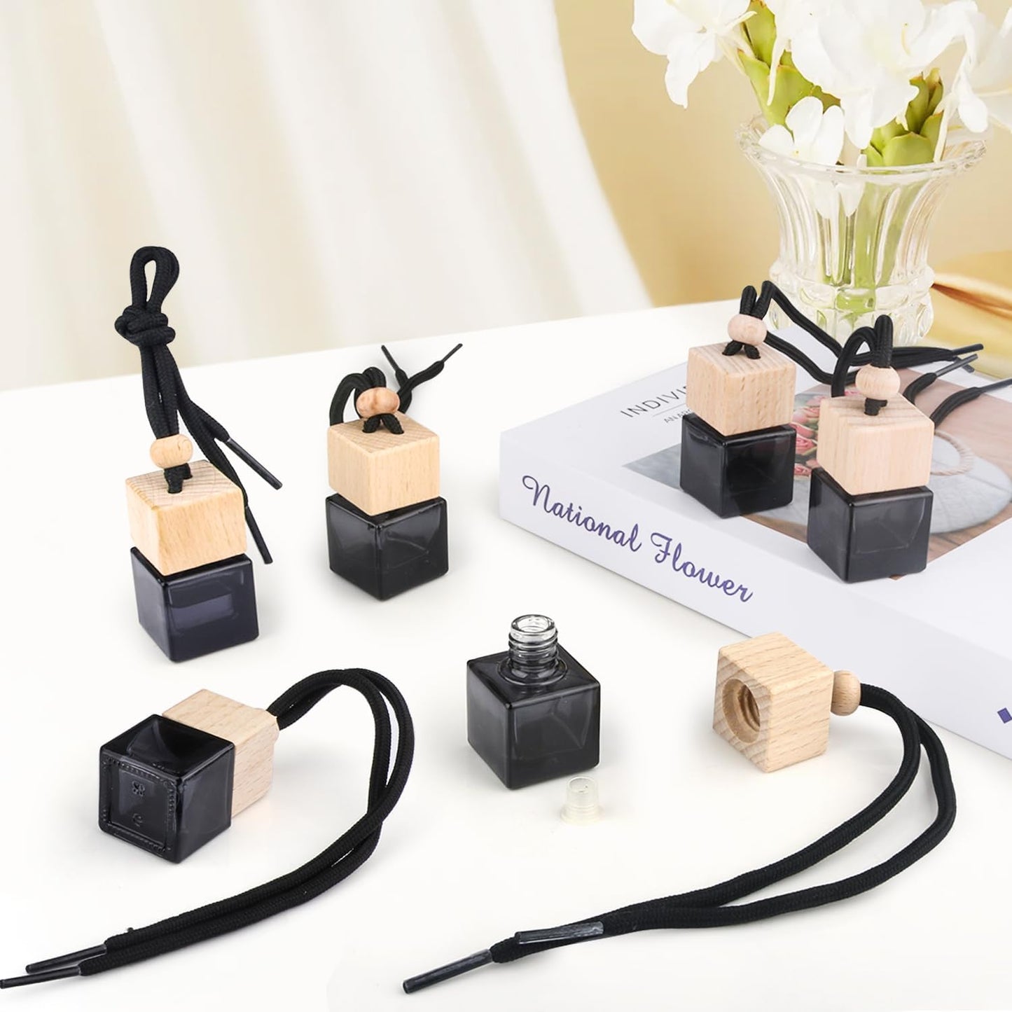 15 Pcs Hanging Car Air Freshener Bottle Empty Car Essential Oil Diffuser Bottles Pendant Black Glass Perfume Bottles Aromatherapy Fragrance Bottle Auto Ornaments Decor