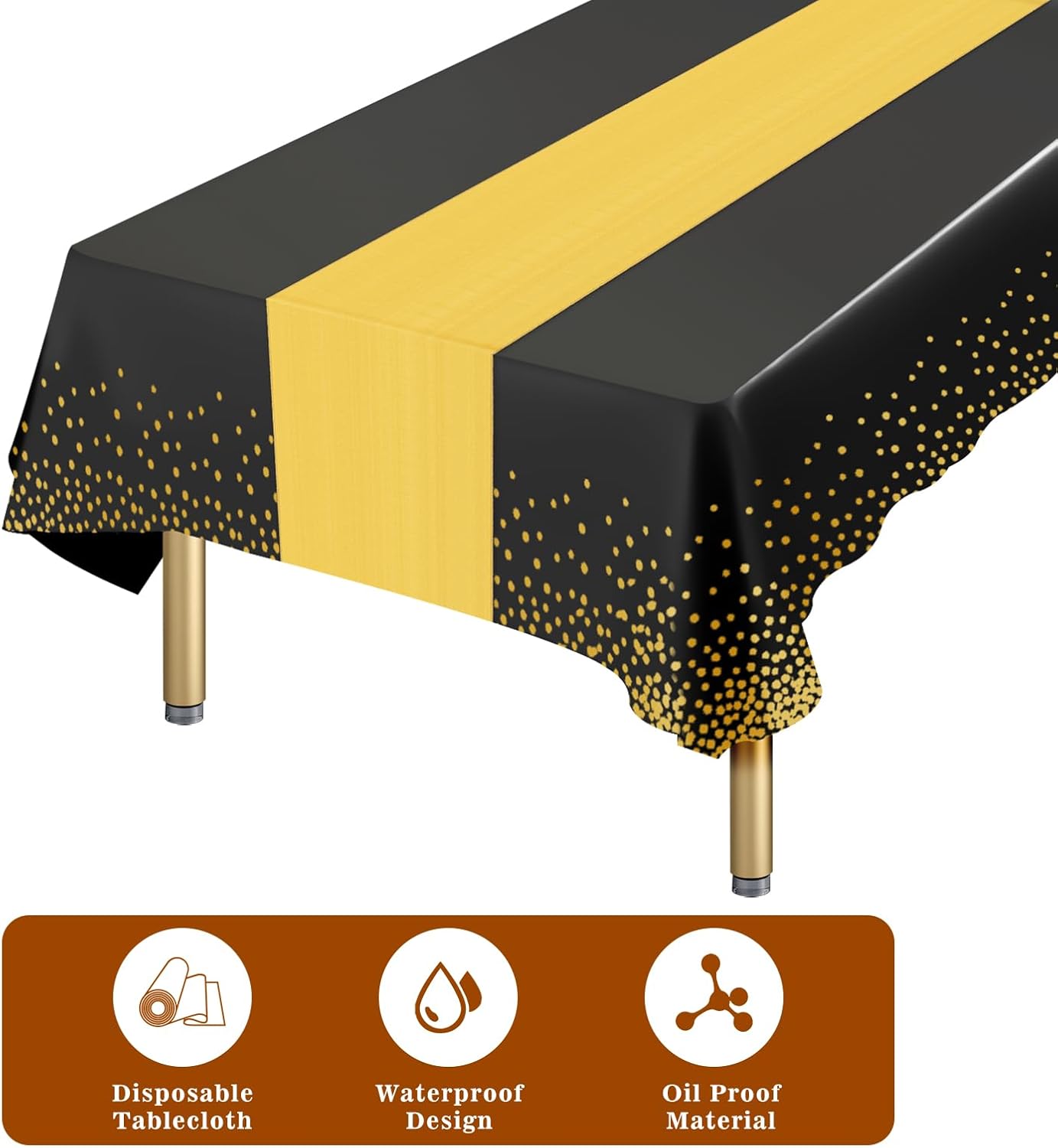 16 Packs Disposable Rectangle Tablecloth and Satin Table Runner, Black and Gold Plastic Table Cloths for Parties Table Cover for Birthday Wedding Anniversary Christmas New Year Party Decorations