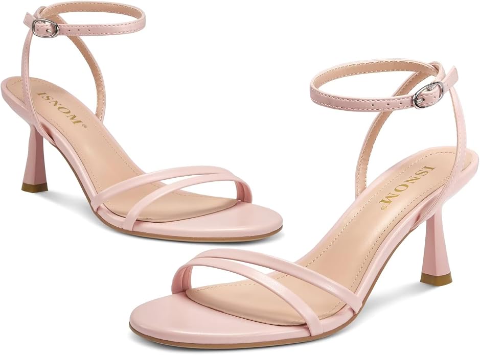 ISNOM Womens Sandals Round Toe Low Heels Strappy Ankle Strap Kitten Heel - Image 2