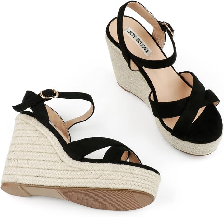 JOY IN LOVE Womens Espadrilles Wedge Sandals Platform Heels Ankle Strap Open - Image 3