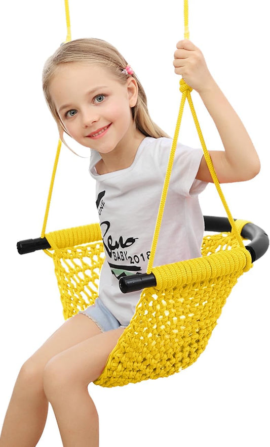 Hand-Knitting Toddler Swing, Swing Seat for Kids with Adjustable Ropes, Little tikes Swings Set, for Outdoor Indoor, Playground, Backyard (Yellow)