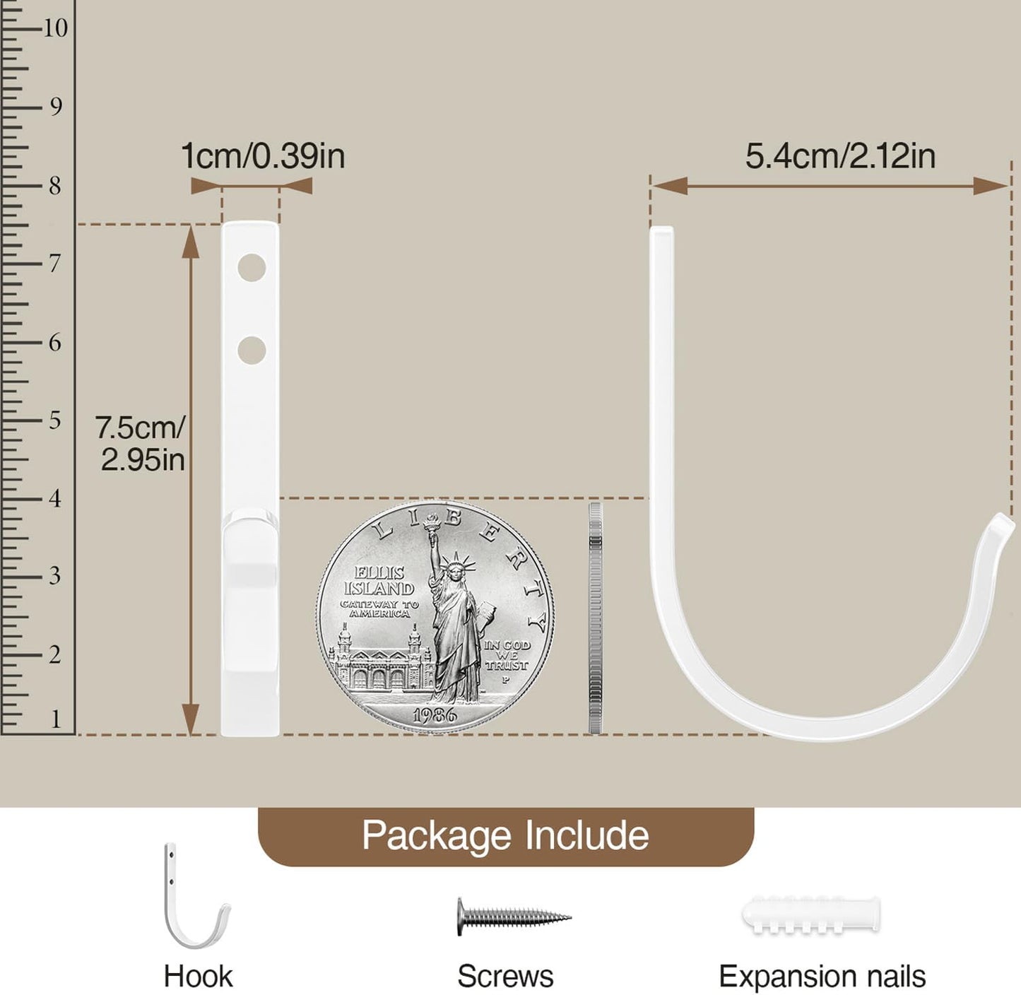 10-Pack Wall Hooks for Towel/Coat - 22LB Heavy Duty Metal Hanger Wall Mount, for Outdoor, Closet, Door, Shelf, Bathroom, for Backpack, Cup, Clothes, Mug, White Matte Screws Included