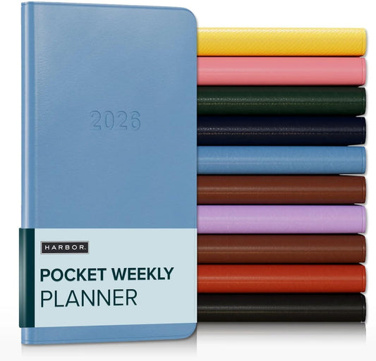 Harbor Pocket Weekly Monthly Planner 2025-2026 - Calendar Planner and Notebook, Durable Faux Leather, 192 Pages, Softcover & Book Bound - Cambridge Reef Blue - 6 x 3.25 "