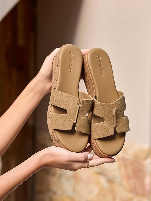 Coutgo Women's Platform Wedge Sandals Open Toe Slip On Slides Cork Heeled - Image 2