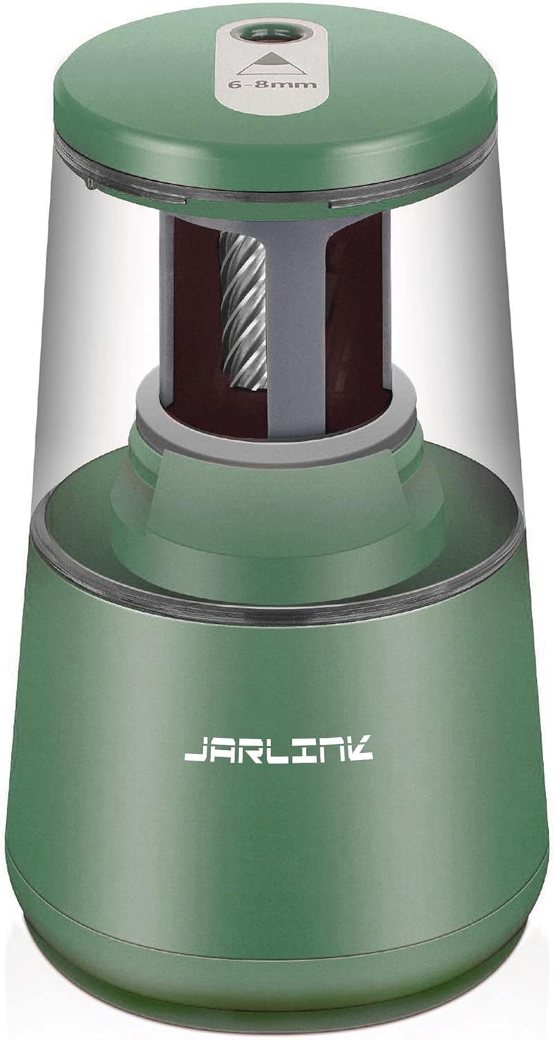 JARLINK Electric Pencil Sharpener, Heavy-Duty Helical Blade to Fast Sharpen, Auto Stop for No.2/Colored Pencils(6-8mm), AC Adapter/Battery Operated in School Classroom/Office/Home (Green)