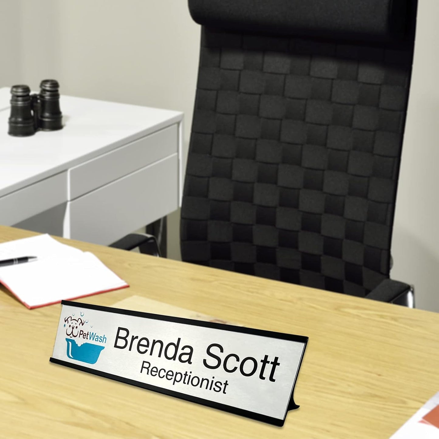 2" x 10" Personalized Aluminum Name Plates, Custom Office Desk or Wall Name Plates, Can Add Custom Logo Image and Texts, Two Name Plate Colors Silver, White, Holders are Optional (Image+Text)