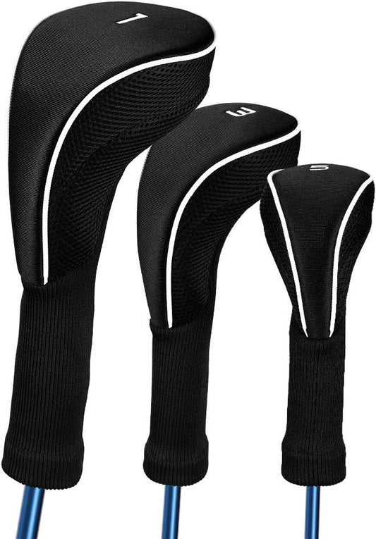 Black Golf Club Head Cover for Driver Fairway 3 Pcs Woods Headcovers, Golf Accessories Hybrid Head Covers Set with Interchangeable Tags 3 4 5 7 X