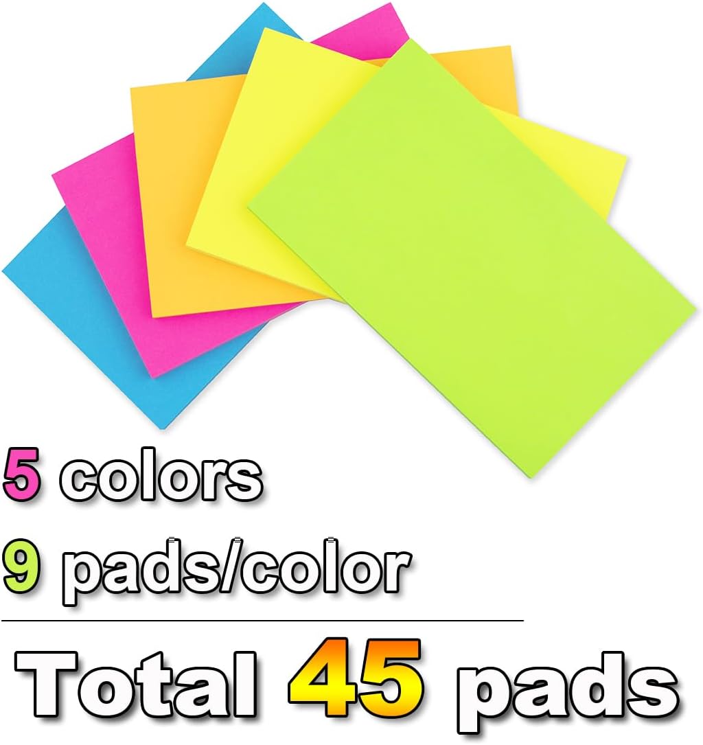 (45 Pads) Sticky Notes 3x5 in Bright Stickies Colorful Super Sticking Power Memo Pads Strong Adhesive