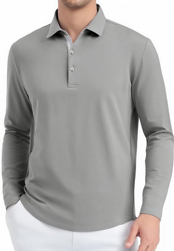 Alex Vando Mens Golf Shirt Moisture Wicking Quick-Dry Solid Long Sleeve Polo - Image 2
