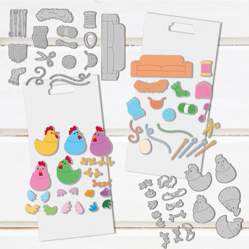 Hens Cutting Dies Chickens Knitting Sweaters Scene Card Making Die Cuts Carbon Steel Stencils Scrapbooking Embossing Template Dies for DIY Craft Album Thanksgiving Festival Gift Decor