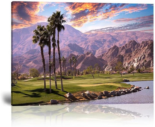 HJY Art USA California Golf Course Wall Art Golf Course Canvas Wall Decor Sunset Landscape Painting Poster for Home Decor Living Room Bedroom Office Club Gym Framed Artwork (28 x 44 inch)