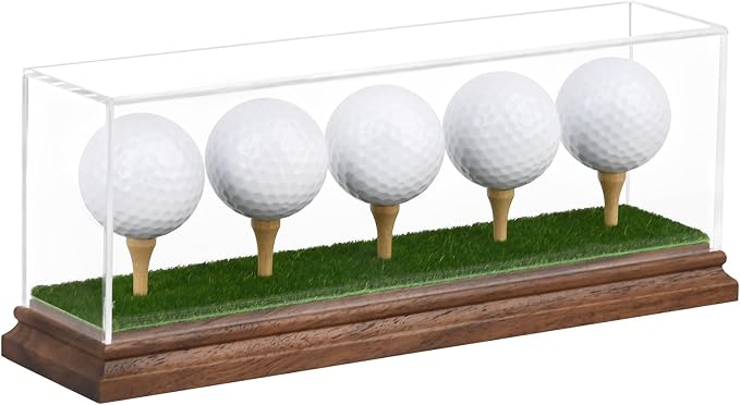 Golf Ball Display Case for 5 Golf Balls Holder Display Walnut Wood Base Acrylic by Unknown