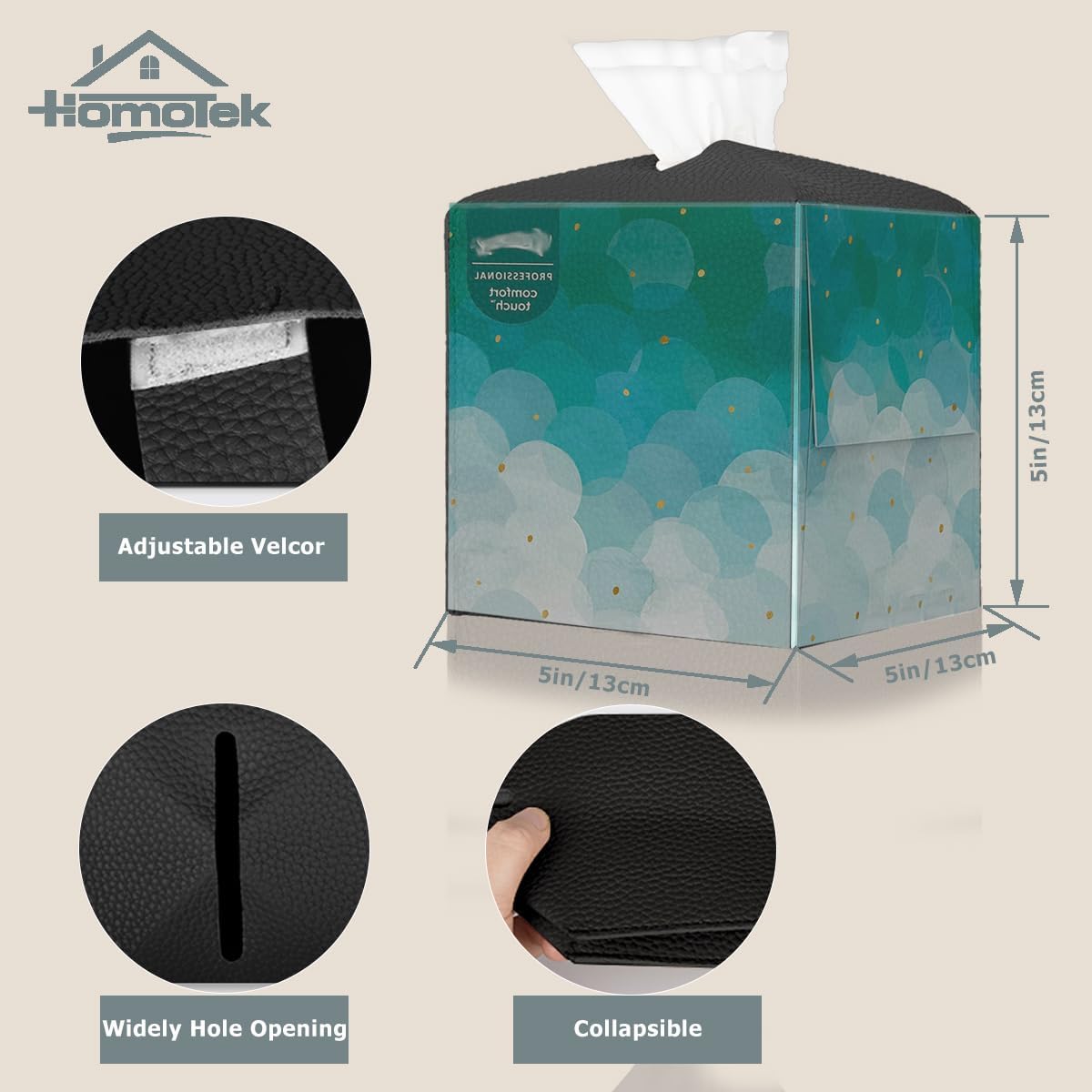 HOMOTEK 2 Pack Tissue Box Cover, Square PU Leather Tissue Holder, Decorative Facial Tissue Cube Paper Organizer Dispenser for Bathroom, Night Stands, Desk, Car 5X5X5'' - Matte Black, Pebble Grain