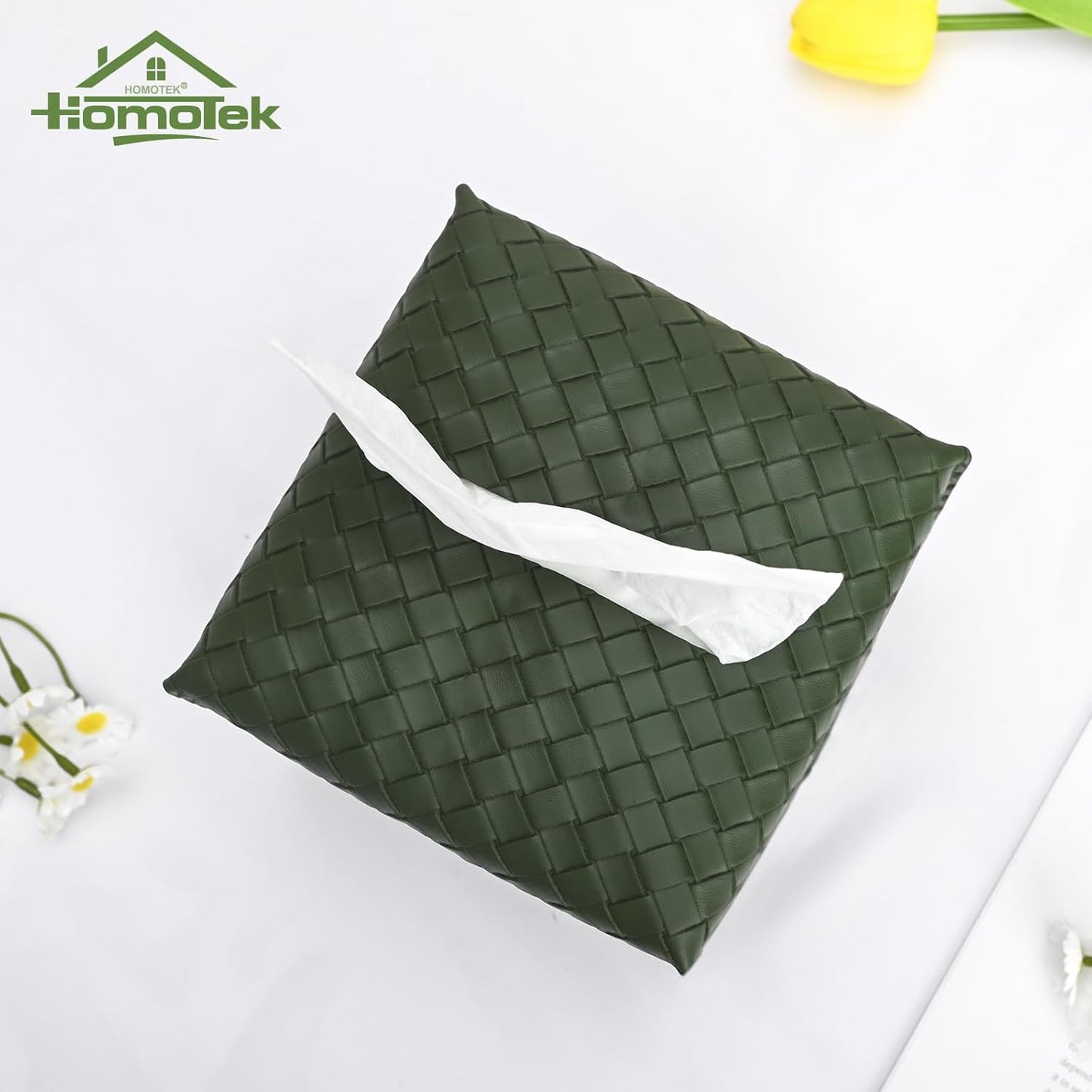 HOMOTEK 2 Pack Tissue Box Cover, Square PU Leather Tissue Holder, Decorative Facial Tissue Cube Paper Organizer Dispenser for Bathroom, Night Stands, Desk, Car 5X5X5'' - Woven Waffle,Emerald Green