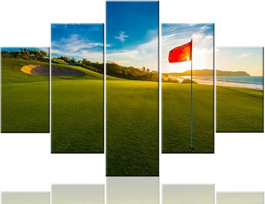 Golfing Pictures for Living Room Golf Course Scenery Paintings Red Flag Artwork by TUMOVO