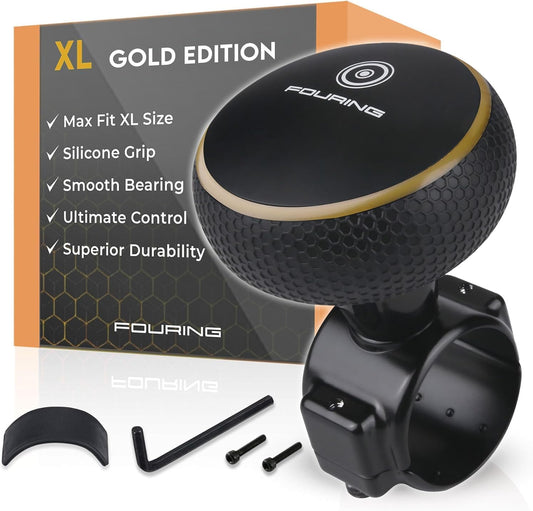 BL Steering Wheel Knob Spinner - Universal Non-Slip Fit, ABS & Premium Silicone Finish Suicide Knob with Metal Ball Bearing - Ideal for Cars, Trucks, Boats (Large- Gold)