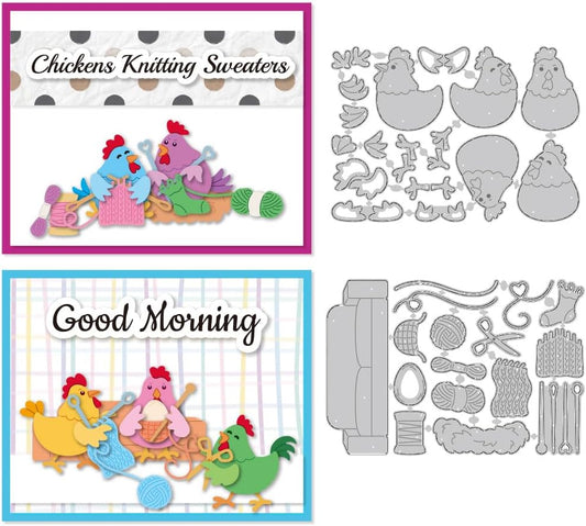 Hens Cutting Dies Chickens Knitting Sweaters Scene Card Making Die Cuts Carbon Steel Stencils Scrapbooking Embossing Template Dies for DIY Craft Album Thanksgiving Festival Gift Decor