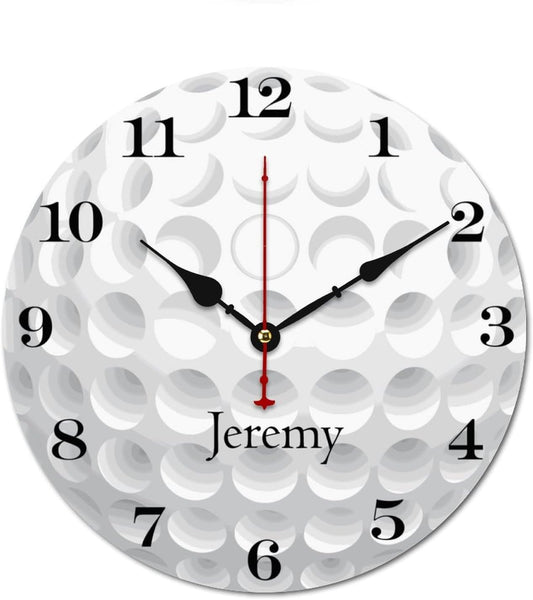 12 inch Golf Ball Personalized Name Wall Clocks Battery Operated for Kids Bedrooms Nursery School Playroom Decor,Custom Kids Name Wall Clock,Golf Ball Decor Wood Round Clock Silent for Children Room