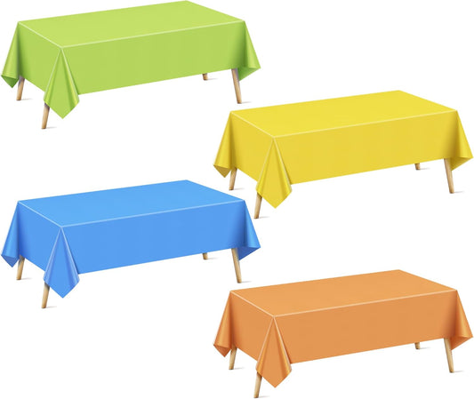4 Pcs Blue & Orange & Green Series Rectangle Tablecloth, 54x72" Solid Color Waterproof & Spillproof Disposable Plastic Table Cover, Durable Party Tablecloth for Dining, Buffet, Picnic, Outdoor Event