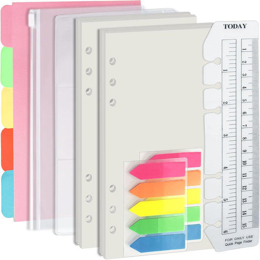 Harphia A6 6 Holes Binder Refill Value Set, 90sheets Plain Blank Loose Leaf Paper with Stickers and dividers, Planner Inserts with Binder Pockets for A6 Binder 6 Holes refillable Notebook,005dA6blank