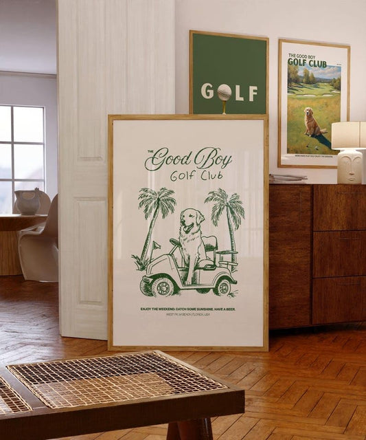 Good Boy Golf Club Poster, Golden Retriever Dog Driving Golf Cart Print, Funny Retro Golf Wall Art, Stylish Golf Wall Decor for Home, Office, or Man Cave (Unframed) (16x24)