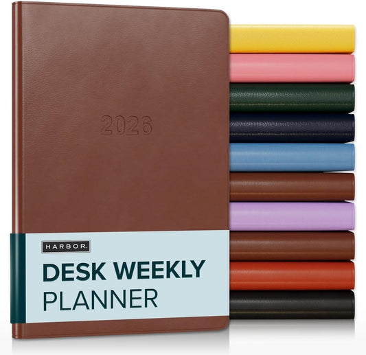 Harbor Desk Weekly Monthly Planner 2025-2026 - Calendar Planner and Notebook, Durable Faux Leather, 192 Pages, Softcover & Book Bound - Cambridge Cognac - 8x5.5"