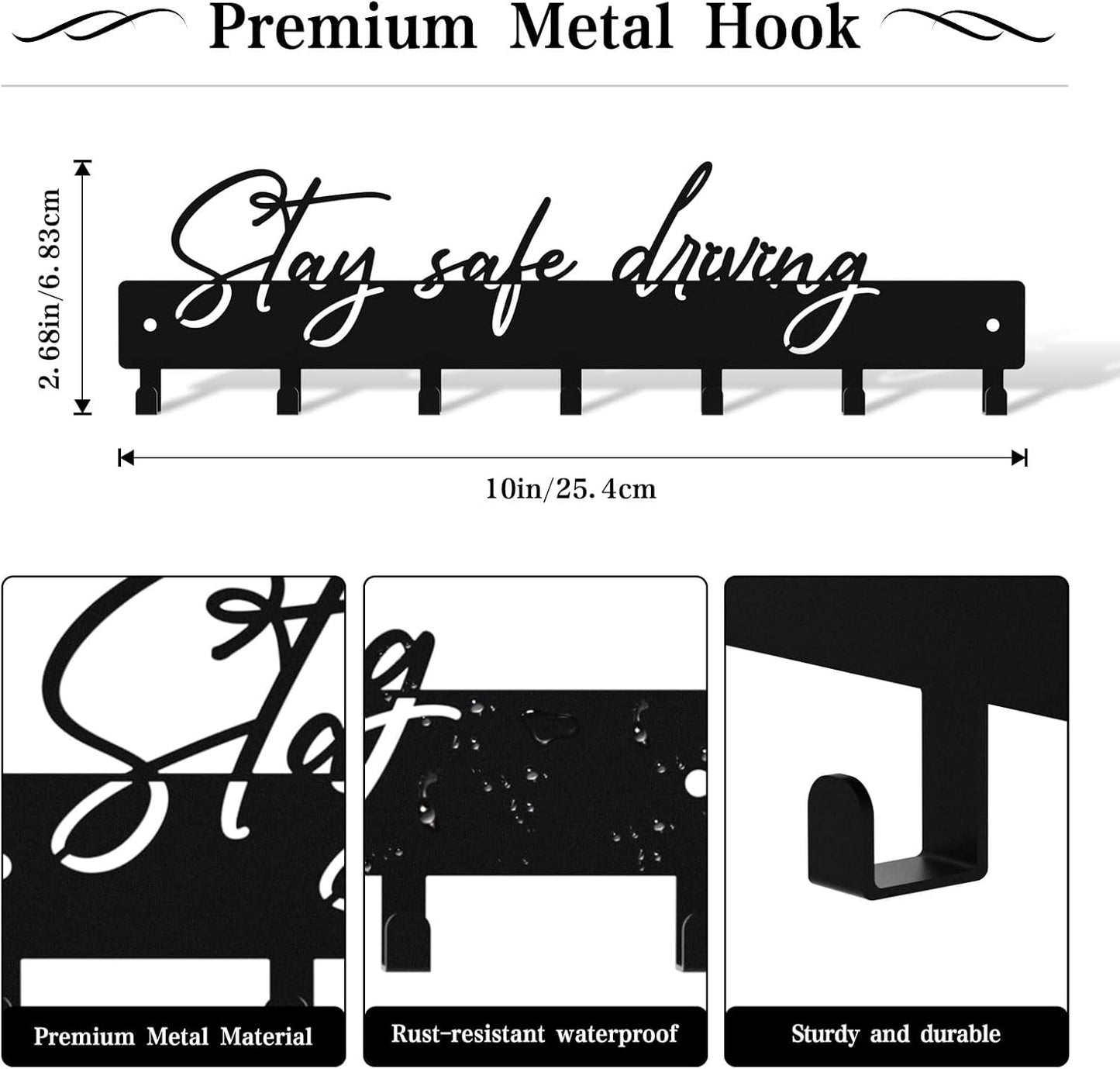 10 Inch Key Holder for Wall, Black Metal House Decoration Key Hooks, Phrase Style(Stay Safe Driving), Key Hanger Organizer with 7 Hooks, Suitable for Doors, Corridors, Living Rooms, Bedrooms