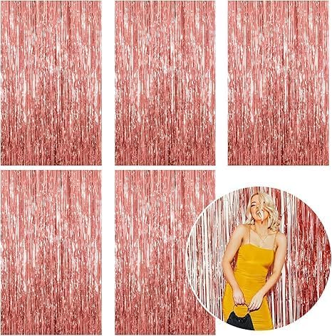 5 Pack Rose Gold Foil Curtain Backdrop Metallic Tinsel Foil Fringe Curtains Photo Booth Props for Birthday Wedding Engagement Bachelorette Christmas Holiday Celebration Party Decorations Supplies