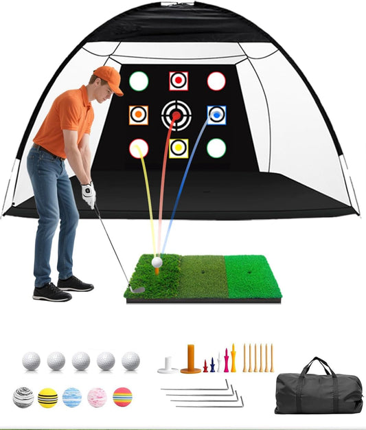 Golf Practice Net and Mat, 10x7FT Golf Net with Tri-Turf Mat & 10 Balls, Hitting Aid Nets for Backyard Driving Chipping Training Swing with Target Mat Balls for Outdoor Indoor, Gifts for Men/Dad/Him