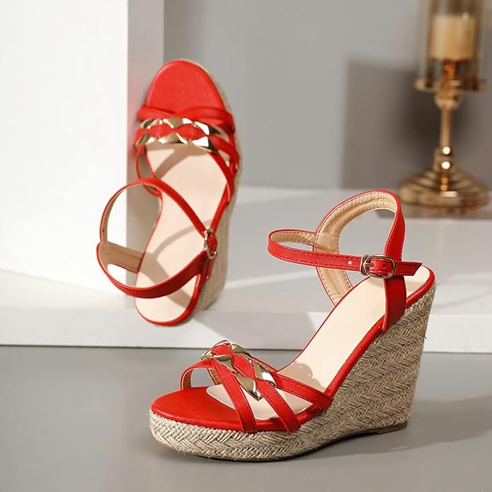 VOKLIN Women's Casual Espadrilles Wedge Sandals Open Toe Ankle Strap Metallic - Image 3