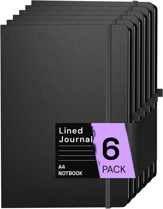 A4 Lined Journal Notebook, 8mm Ruled Notepad, Journaling for Writing, Work, School, Travel and Note Taking, Hardcover 160 Pages (80 Sheets) 8.27 x 11.6 inches (6 Pack Black)