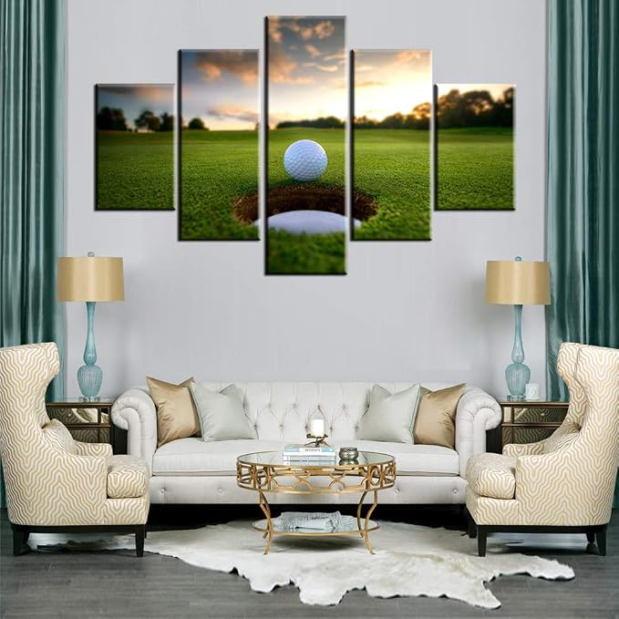 Golf Cours Paintings Golf Ball at Sunset Pictures Green Field Wall Art - Image 2