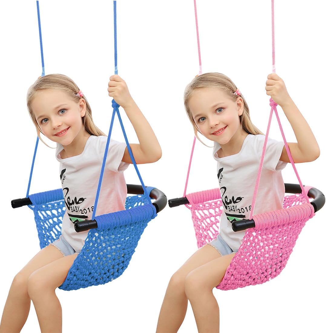 Hand-Knitting Toddler Swing, Swing Seat for Kids with Adjustable Ropes, Little tikes Swings Set, for Outdoor Indoor, Playground, Backyard (Blue+Pink)