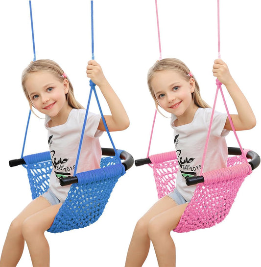 Hand-Knitting Toddler Swing, Swing Seat for Kids with Adjustable Ropes, Little tikes Swings Set, for Outdoor Indoor, Playground, Backyard (Blue+Pink)