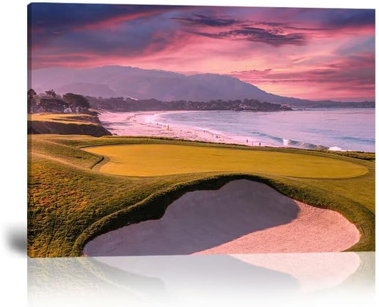 HJY Art Pebble Beach Golf Course Wall Art USA California Golf Course Wall Decor Sunset Landscape Painting Poster for Home Decor Living Room Bedroom Office Club Gym Framed Artwork (12 x 16 inch)