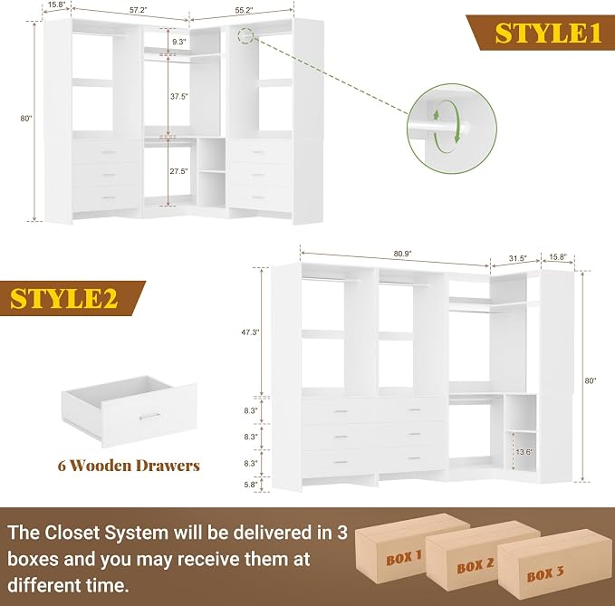 Aheaplus Closet System with 6 Drawers, 4 Hanging Rods & Corner Tower, Corner - Image 7